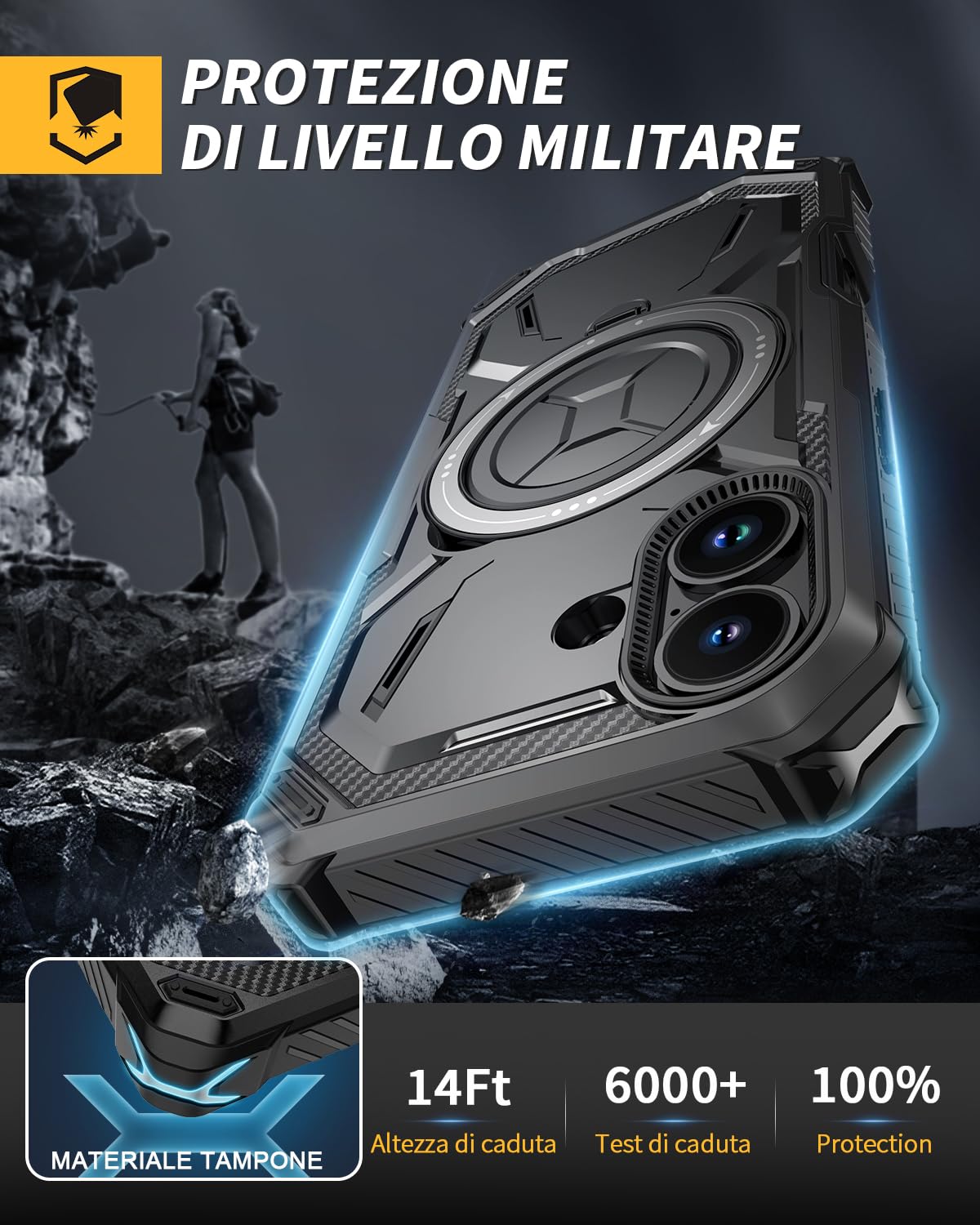 Lanhiem Cover per iPhone 16 con 2 Pezzi Vetro Temperato, Antiurto Anticaduta Militare,Supporto Magnetico Anello a 360° Protezione Armor Protezione, Custodia per iPhone 16, Nero