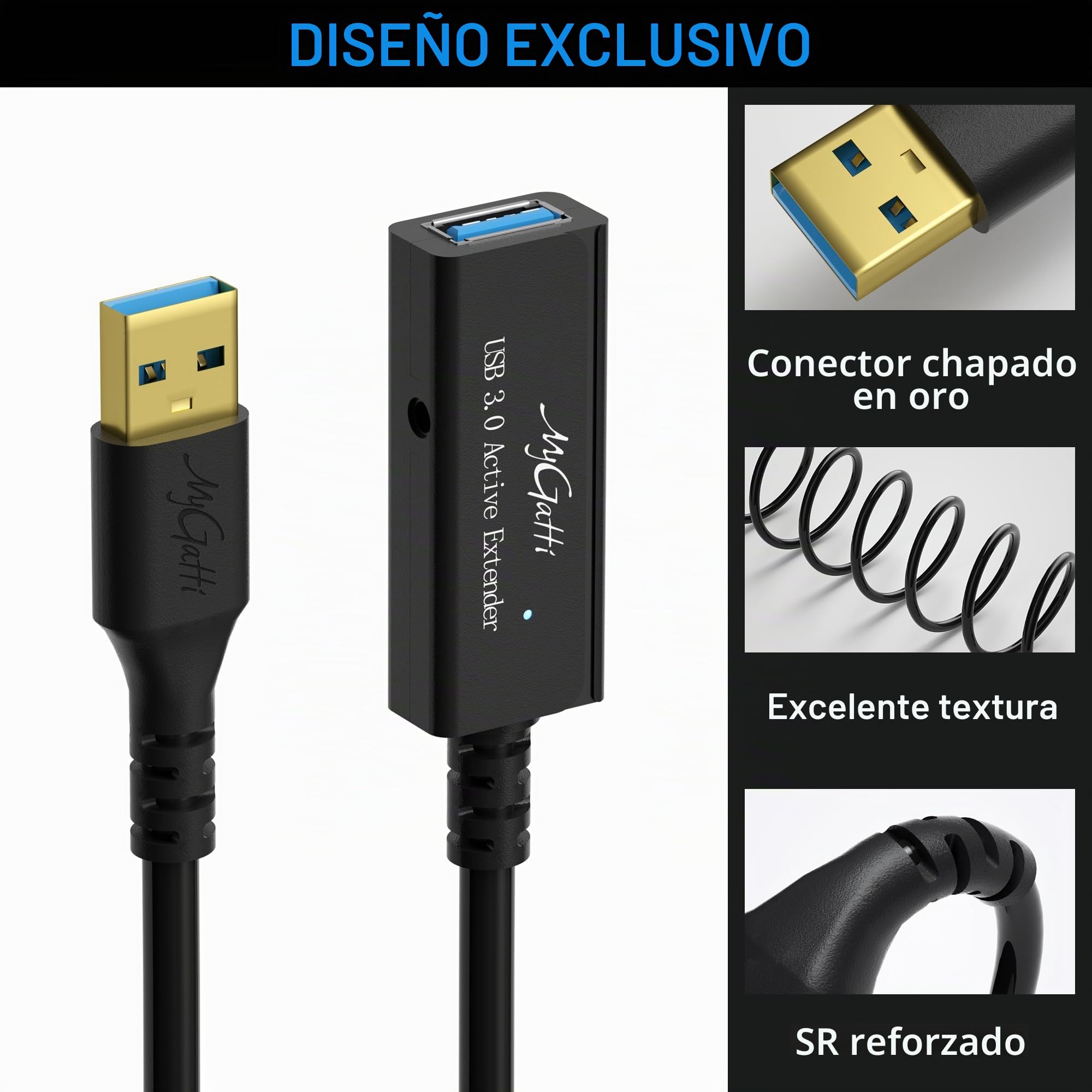 20 metros Cable de extensión activa USB 3.0,USB tipo A 5 Gbps macho a hembra,22 AWG,con 3 amplificadores de señal y enchufe de alimentación de CC,Cable repetidor,con 5 bridas
