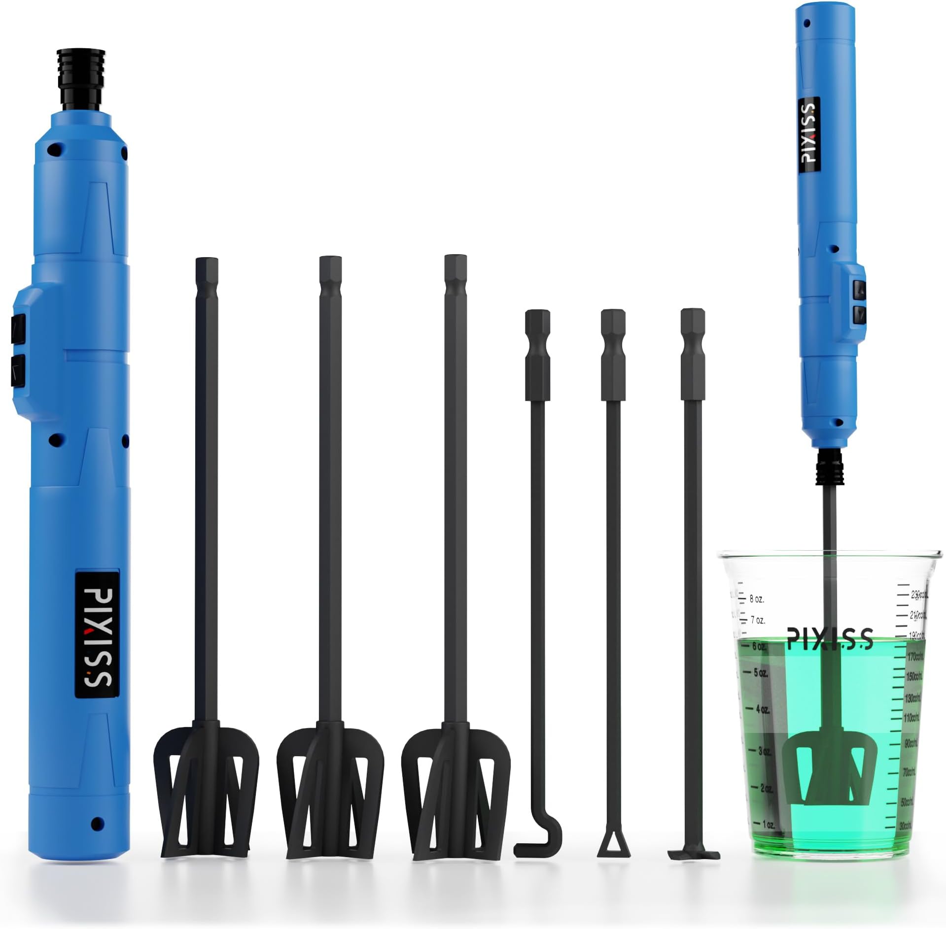 Pixiss Premium Resin Mixer - Handheld Rechargeable Epoxy Mixer, Epoxy Resin Mixer Pro Grade, Resin Stirrer for Resin, Resin Molds, Silicone Molds Mixing, Minimize Bubbles - (6 Paddles Included)