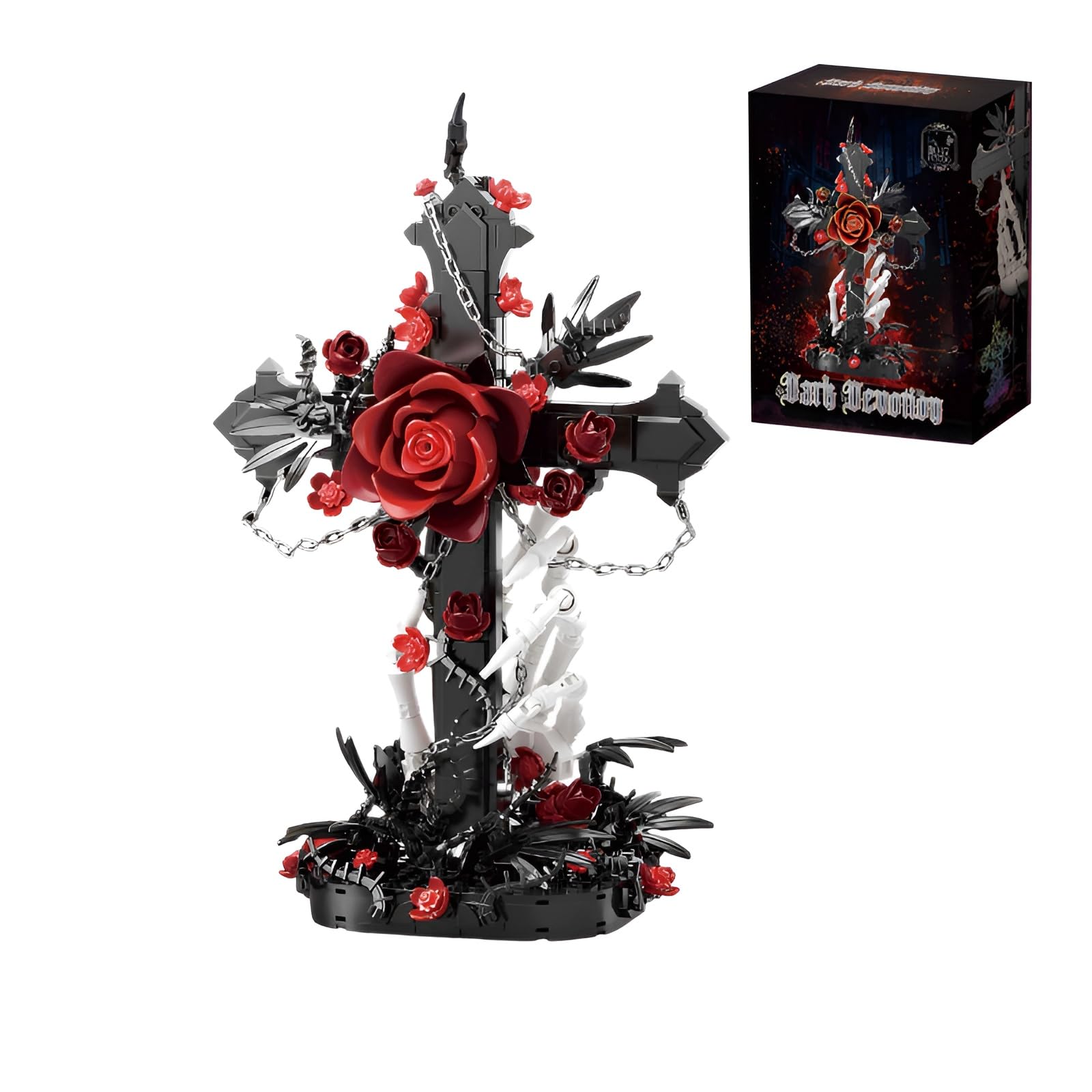 Gothic Cross Red Rose Skull Hand Building Blocks Set, 720Pcs Dark Decor