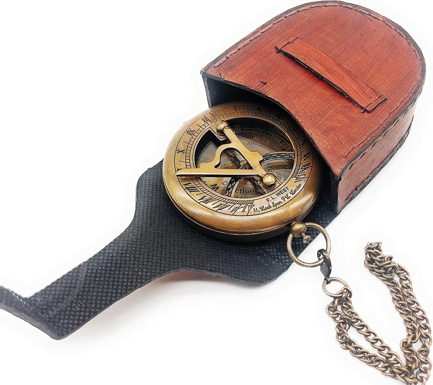 Antique Brass Sundial Compass with Chain Loop, Nautical Navigation, Compass with Leather Case-picture-26