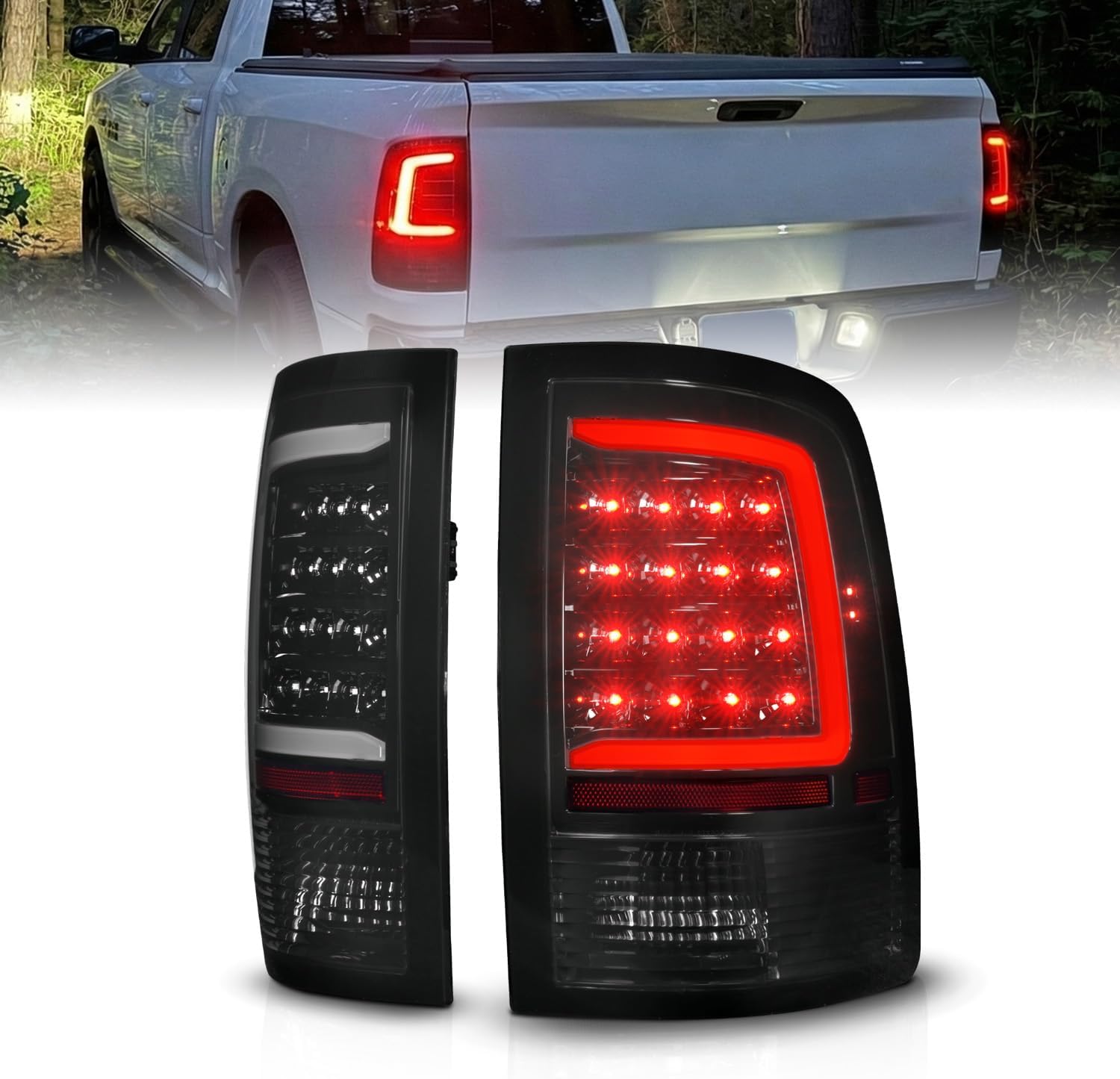AmeriLite for 2009-2018 Dodge Ram 1500 2500 3500 Truck Sequential C-Type LED Smoke Black Replacement Tail Light Set - Passenger and Driver Side