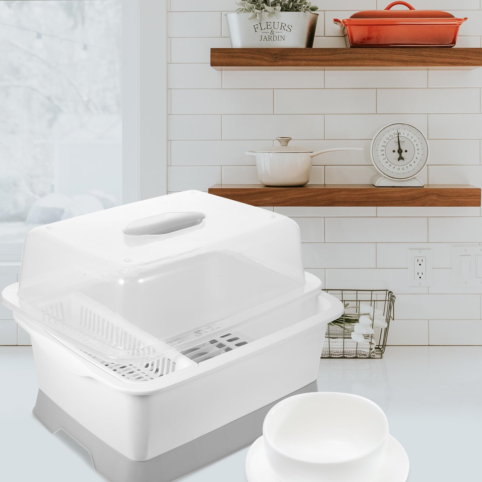 Escurridor de platos de plástico mediano con tapa, soporte para cubiertos para utensilios de cocina, ideal para fregadero y encimera, accesorio de cocina que ahorra espacio