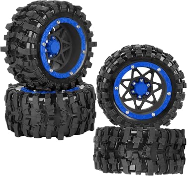 1/16 RC Wheels and Tires 4PCS, RCHuiWow 12mm Hex Plastic Rim Tires Set for 1/16 M-J-X16207-210,H-B-X16889-890,S-C-Y16101-106,Summit E-Revo Gorgon Grom,Mini Kraton 3S RC Truck Upgrades,Black&Navy Blue