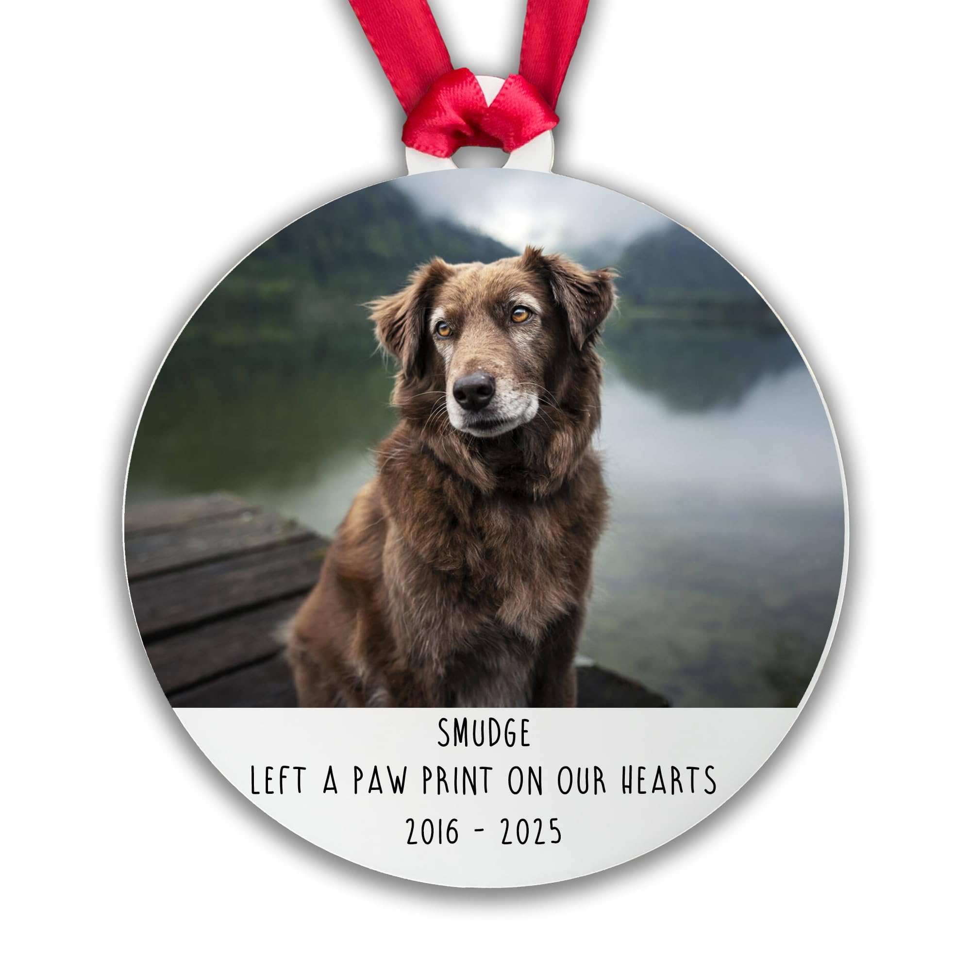 Personalised Dog Memorial Photo Bauble, 'Left a Paw Print on our Hearts' Tree Decoration Pet Xmas