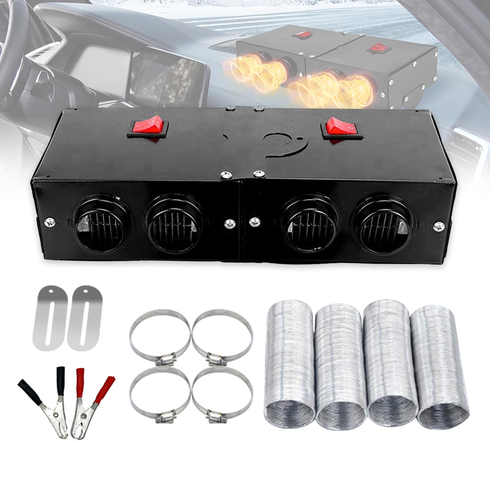 Riscaldatore per auto Riloer per camper portatile 12V 500W per auto invernale riscaldamento rapido e disappannamento sbrinamento 4 uscite d'aria compatibile con vari veicoli nero