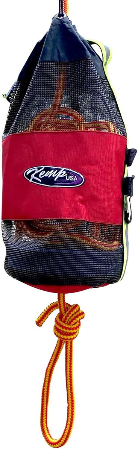 Kemp USA Throw Bag with 75′ Rope – Throwable Flotation Device with Reflective Strap & Self Draining Rope Bag – Includes Bengal Whistle for Added Safety for Water Rescue Kemp USA Throw Bag with 75′ Rope – Throwable Flotation Device with Reflective Strap & Self Draining Rope Bag – Includes Bengal Whistle for Added Safety for Water Rescue