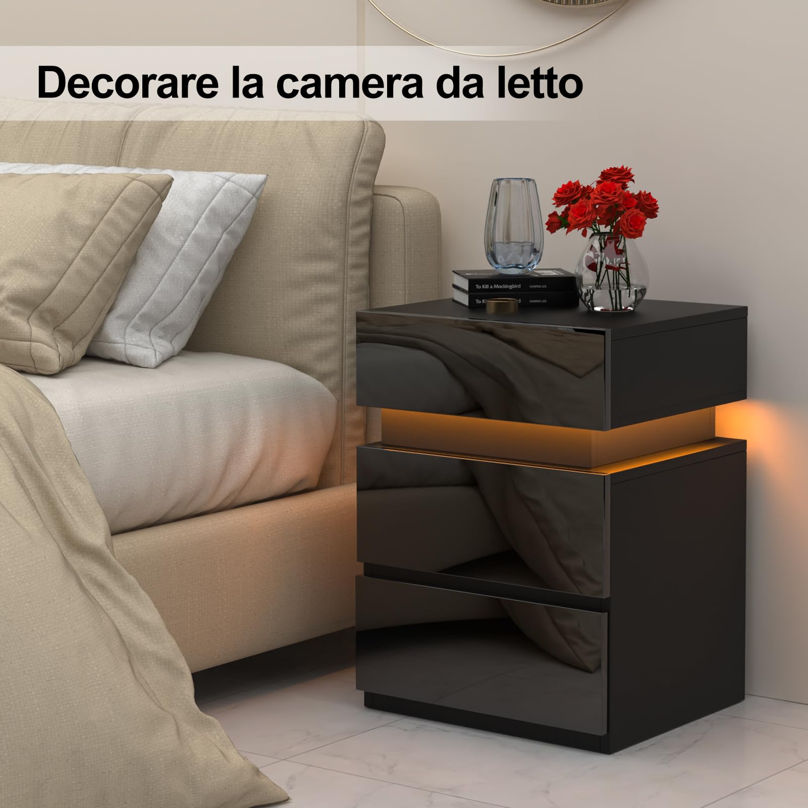 Lvechforhm Comodino con Striscia con illuminazione LED, Comodino Stretto con 3 Cassetti, Tavolino in Stile Moderni, Comodini Camera da Letto 40x35x55cm Nero, per Soggiorno Classico Organizzatore