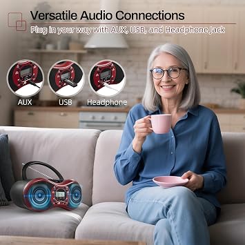 Portable CD Player Boombox with FM Radio, Bluetooth & Remote | Boombox for Home Supports CD/CD-R/CD-RW/MP3 CDs Playback, USB Port, AUX Input, Headphone Jack, Dual Stereo Sound, Sleep Timer