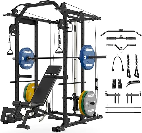 Miniatura 19 de Mikolo Jaula de Potencia, Rack de Potencia con Sistema de Cruce de Cables, 1500LBS Rack para Sentadillas con Sistema de Jalón LAT, Jaula