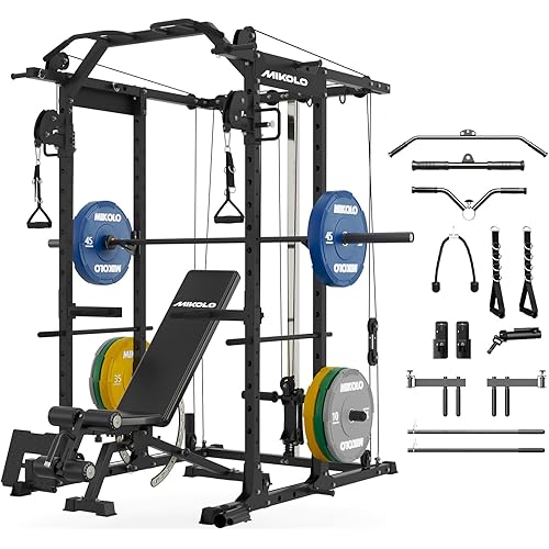 Mikolo Power Cage, Power Rack with Cable Crossover System, 1500LBS Squat Rack with LAT Pull Down System, Workout Cage with Pulley System for Fitness Home Gym