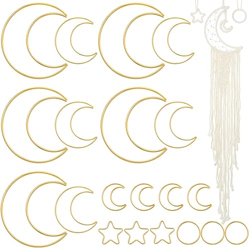 20 Pcs Moon Dream Catcher Rings Metal Dream Catcher Hoops Moon Star Circle Macrame Rings for DIY Craft Making Home Wall Decoration(Gold) - Gold