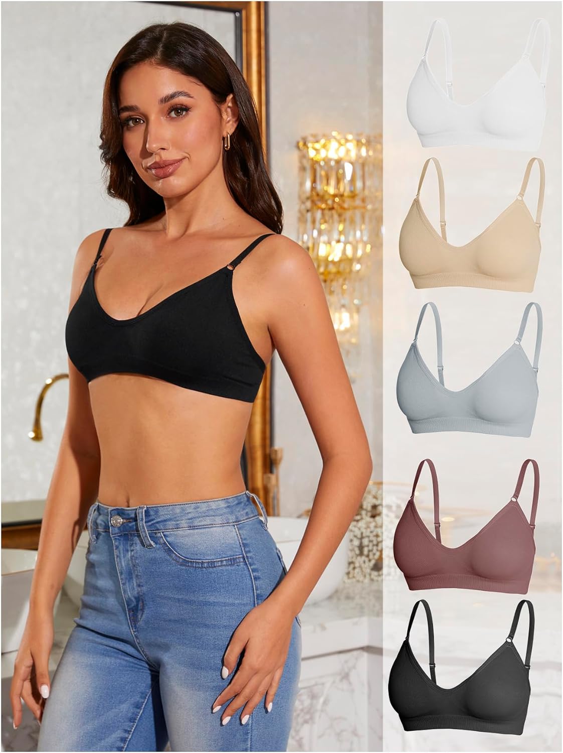 OYOANGLE Women's 5 Pieces Rib Knit Spaghetti Strap V Neck Wireless Bra Set Seamless Solid Plain No Padded Bralette - Image 3