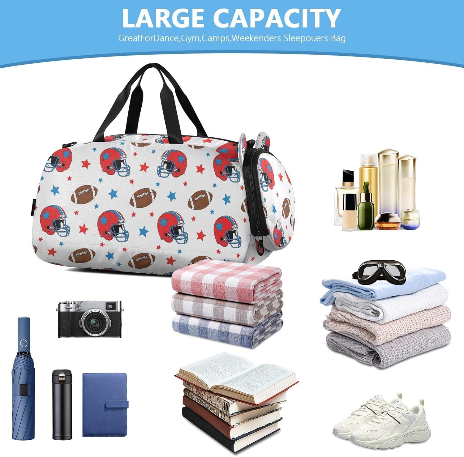 Kids Duffel Travel Bag Boys Girls Sports Football White Pattern Dance Bag Overnight Ballet Cheer Sport Tote for Teenager