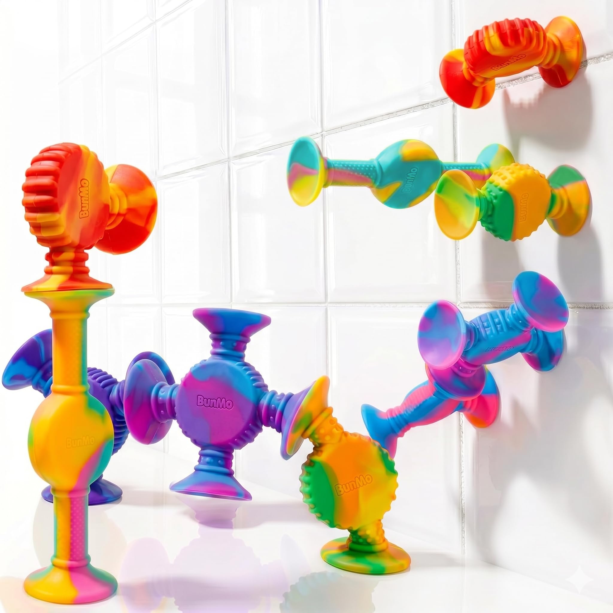 BUNMO Rainbow Textured Suction Toys – 10 Pack | Bath Toys and Suction Toys | Silicone Kids Bath Toys for Kids Ages 3+ | Bathtub Toys, Shower Toys &amp; Travel | BPA-Free