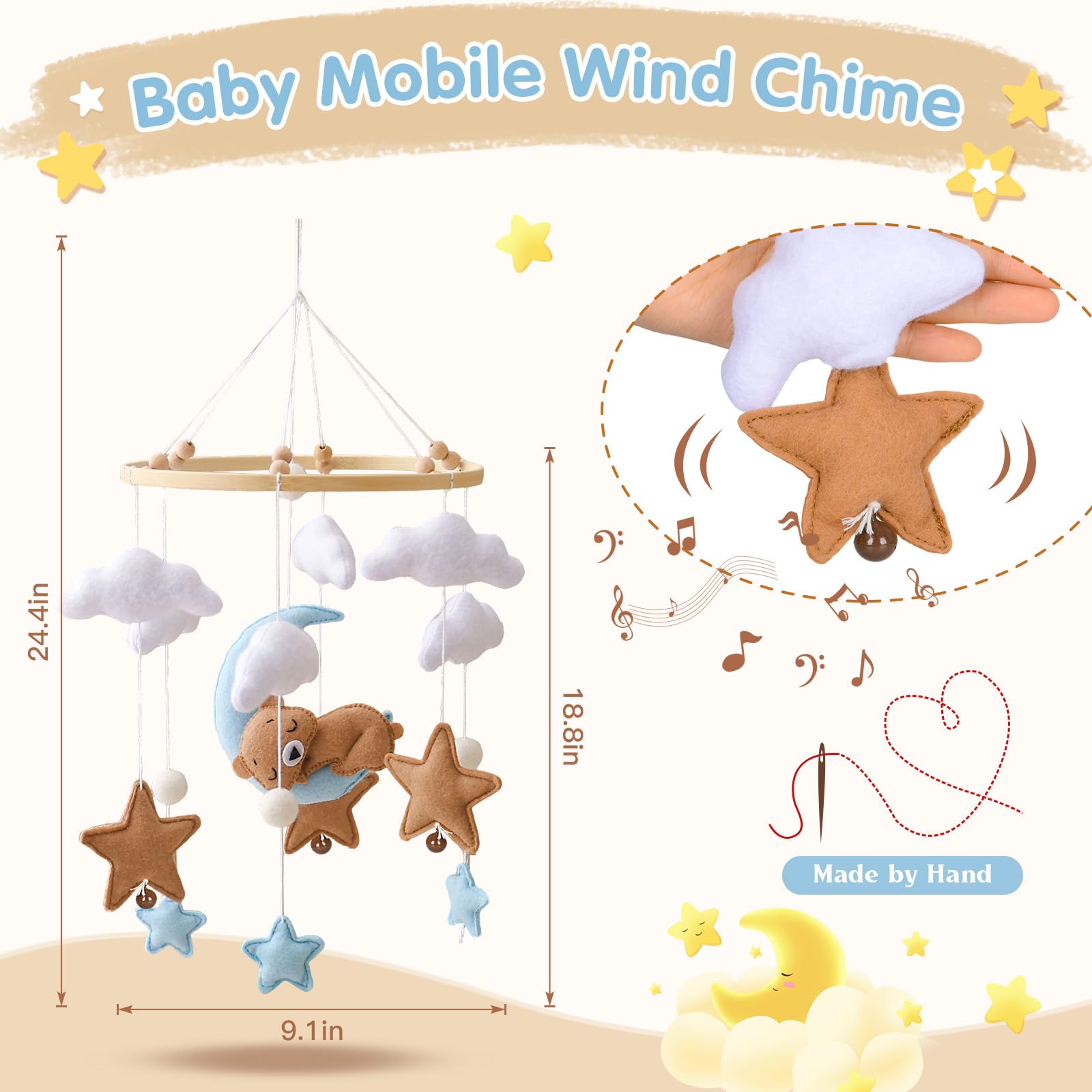 Baby Campanelli Eolici Mobile in Feltro Giostrina Culla Neonato Legno Orso Nuvole Luna Stelle Campane Decorazione Regali Neonati