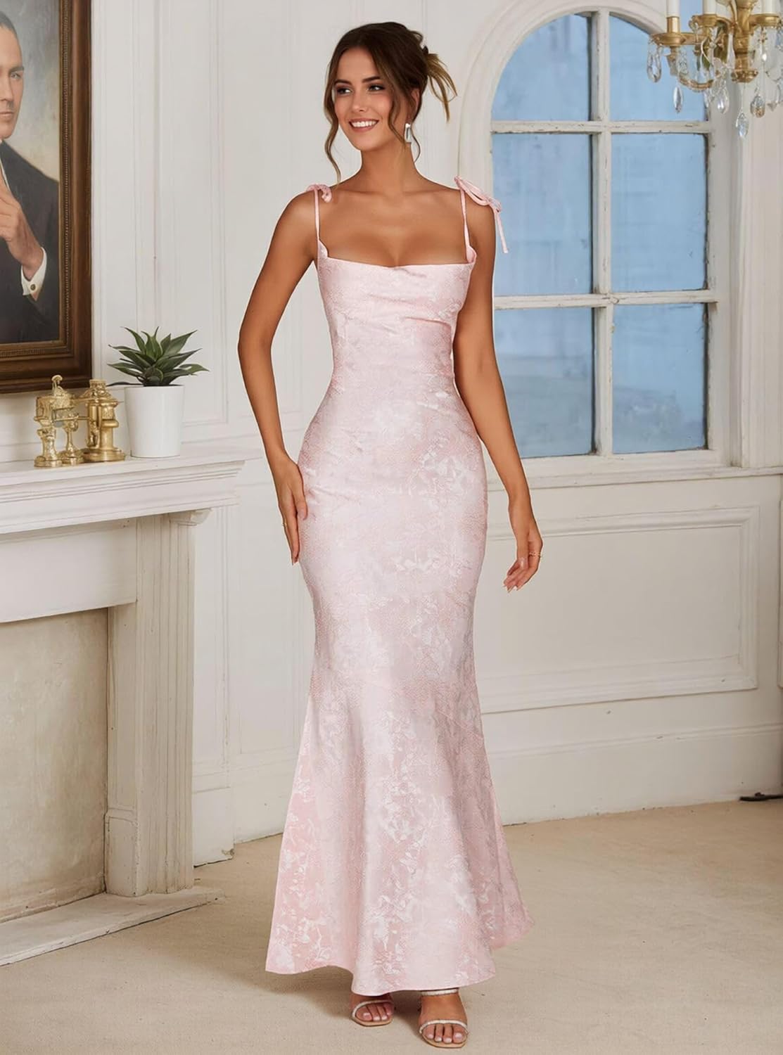 Floral Satin Prom Dresses 2026 Spaghetti Straps Long Wedding Guest Dress Mermaid Formal Cocktail Party Gown for Women