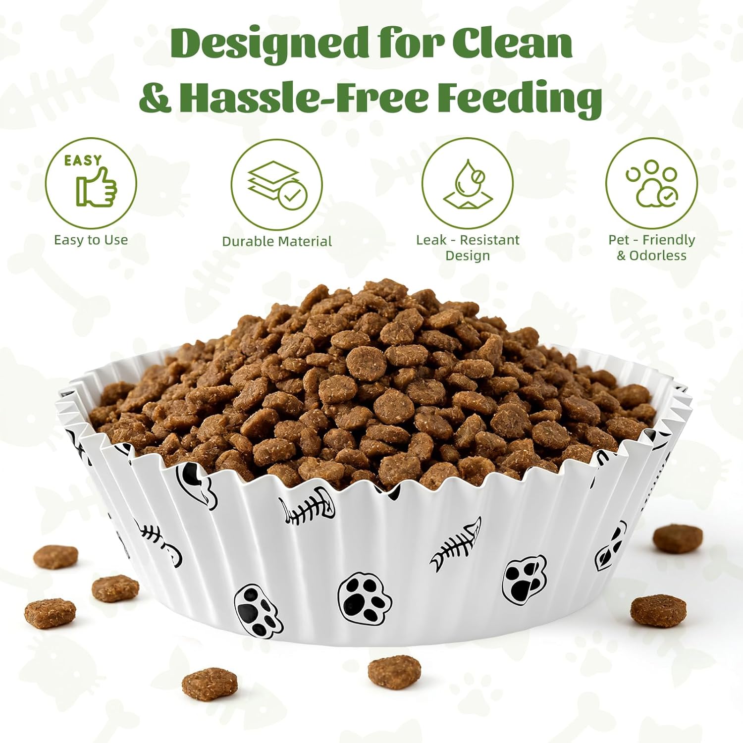 600 Pcs Disposable Pet Bowl Liners with Cute Paw Pattern, Small Paper Dish Pads, Leak-Resistant Meal Inserts for Cats & Small Dogs, Dry or Wet Food, Feral Cat Feeding Station(Paw & Fish Bone Design)