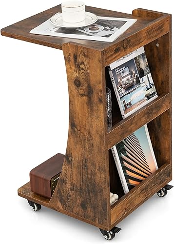 Tangkula Mesa auxiliar en forma de C mesa auxiliar pequeña para sofásofá con compartimento trasero de 3 niveles ruedas con frenos mesita de noche