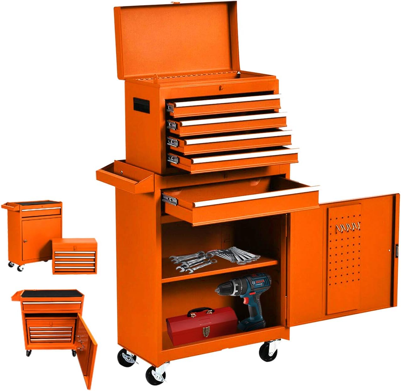 ZAZA 5 Drawers Rolling Tool Box,Large Tool Organizers Lockable Tool Chest with 4 Wheels and Sliding Drawers,Detachable Toolbox Great for Workshop Warehouse and Both Have a Cabinet,Orange