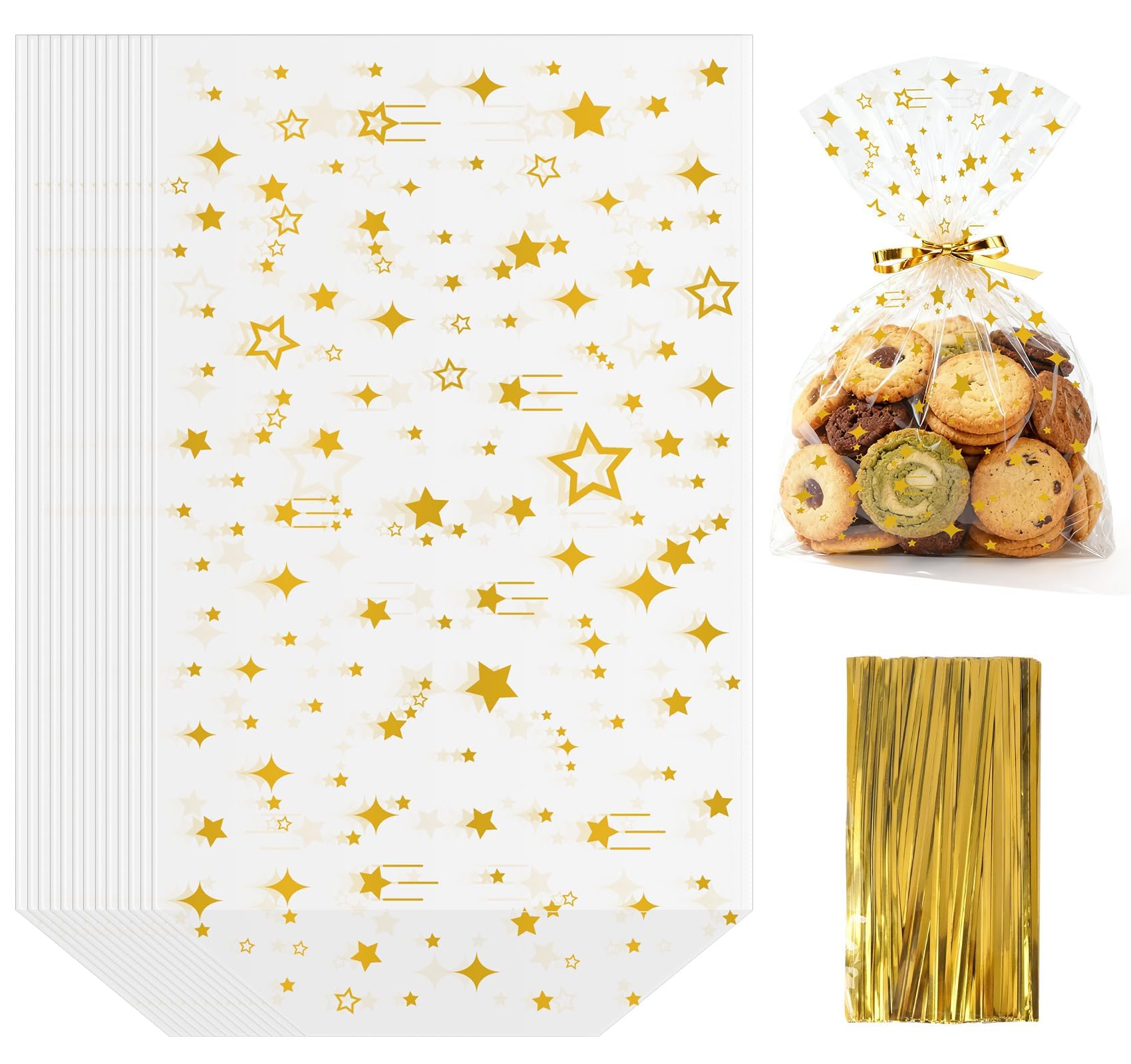 Anstore Cellophantüten Ostern mit Goldenen Sternen 18x30cm, 100 Stück Zellophantüten OPP Kreuzbodenbeutel mit Goldenen Bindebändern, Klarsicht Geschenktaschen für Ostern Hochzeit Geburtstag Party