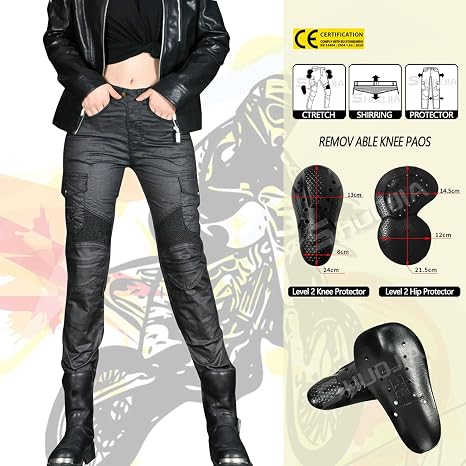 Jeans Moto Femme - Denim Camouflage Avec Protections Hanches Et Genoux Amovibles - Taille Large