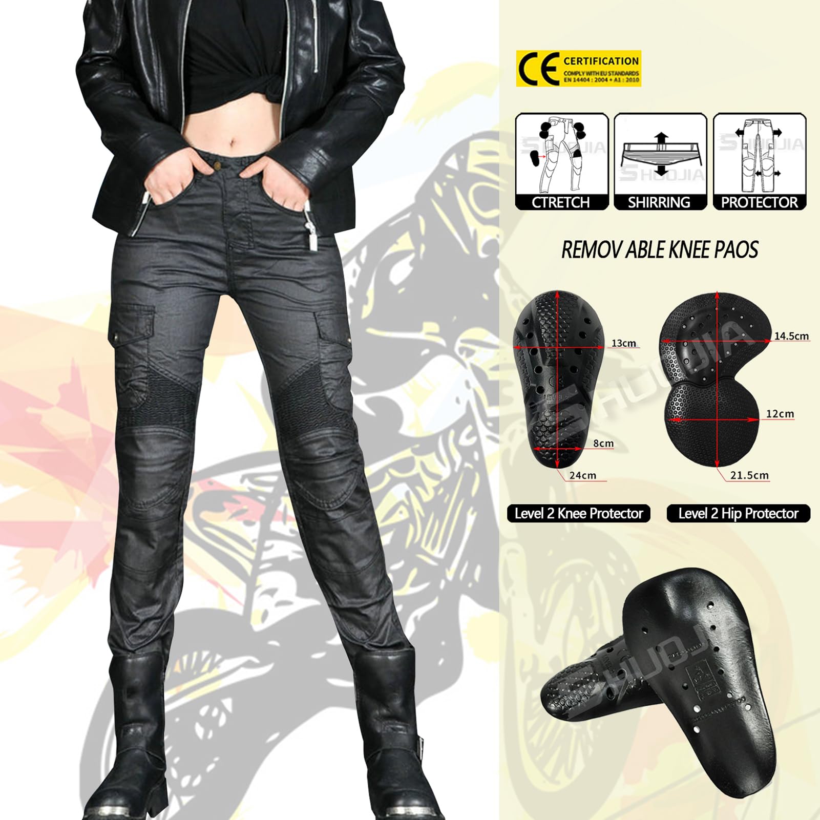 Jeans de Moto pour Femme Coupe-Vent Imperméable, Pantalon Enduit avec 2 Paires de Coussinets Amovibles pour Hanches et Genoux, Plusieurs Poches (Black, L)