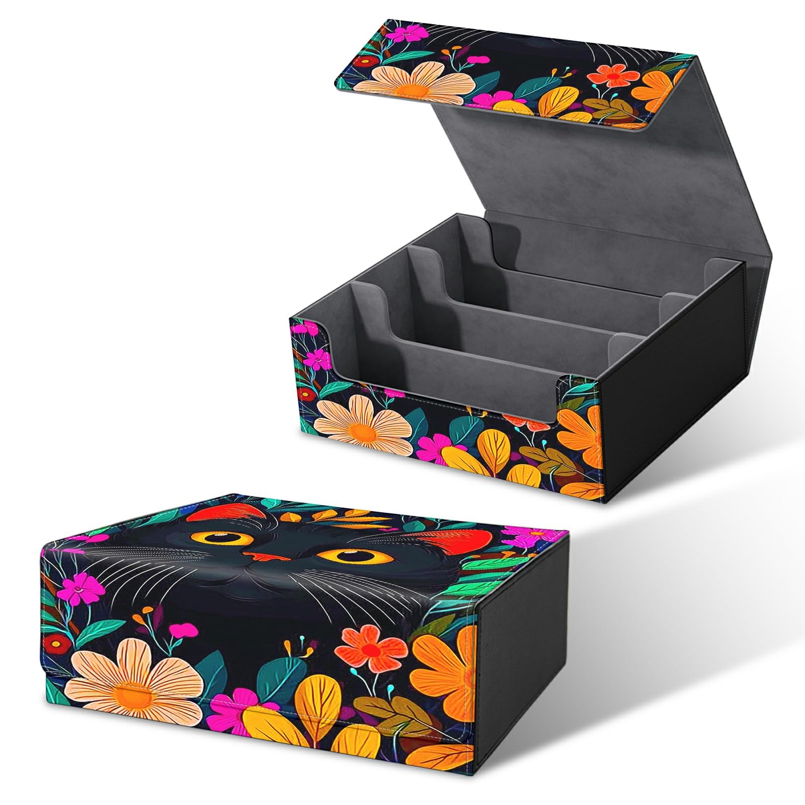 RWUTYTIUL Card Deck Box for MTG, Cards Storage Box Fits 120+ Sleeved, Leather Big Size Strong Magnetic Closing Case for Board Games Magic TCG CCG Baseball Collection Women Man, Wildflower Black Cat