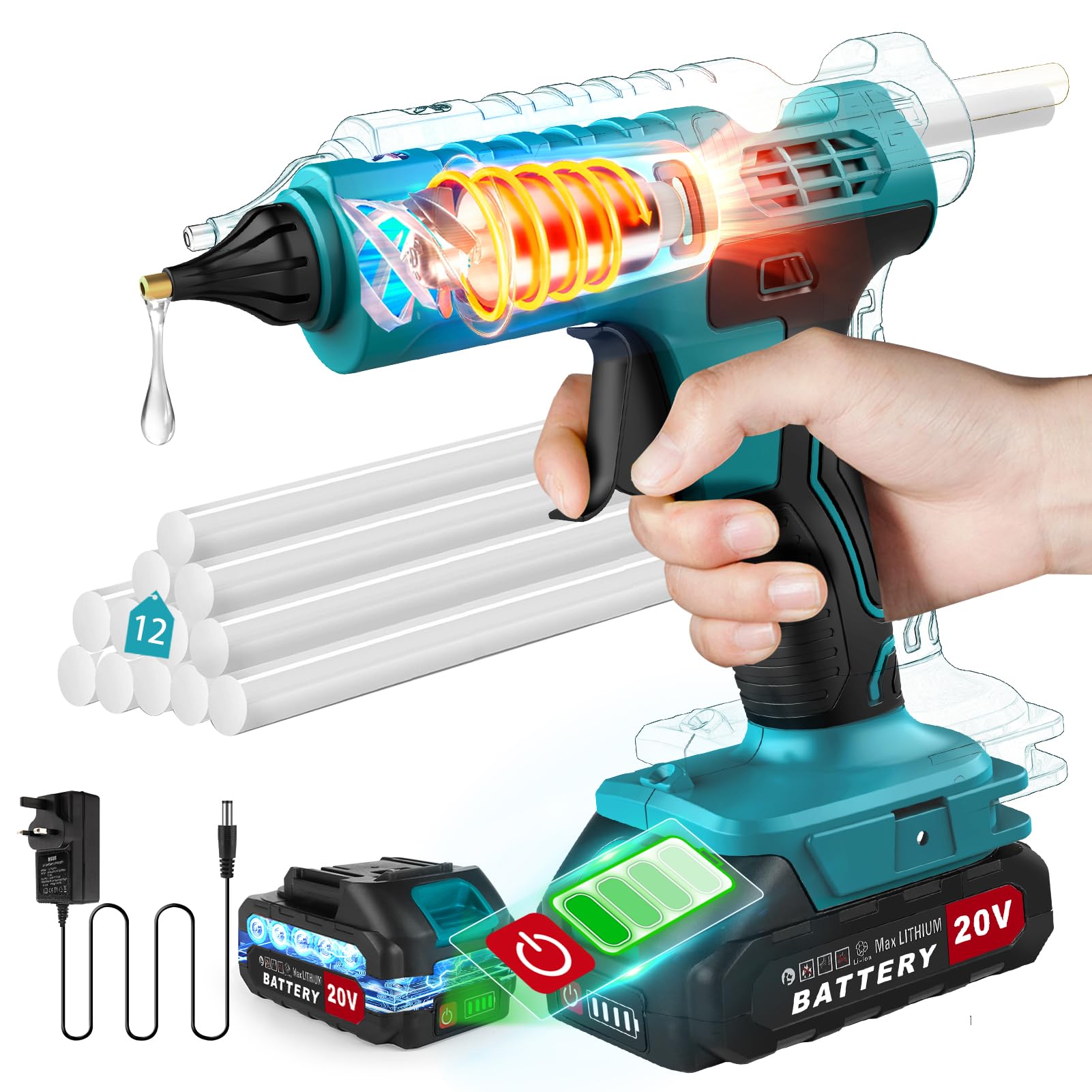 Pistola de Pegamento Caliente Inalámbrica con Batería de 100 W, con Batería de 21 V y 2000 mAh y Cargador, Pistola de Pegamento de Calentamiento Rápido con 12 barras de Pegamento, Pistola de Pegamento