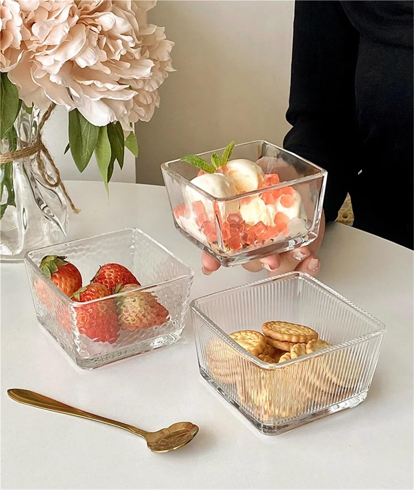 Ensaladeras Tazón de Vidrio Cuadrado Simple de 250ML, tazón de Helado for el hogar, Fruta, Postre, pudín, Yogur, Desayuno, ensaladera pequeña, 3 uds. para Cereales, Ensalada(Clear2)