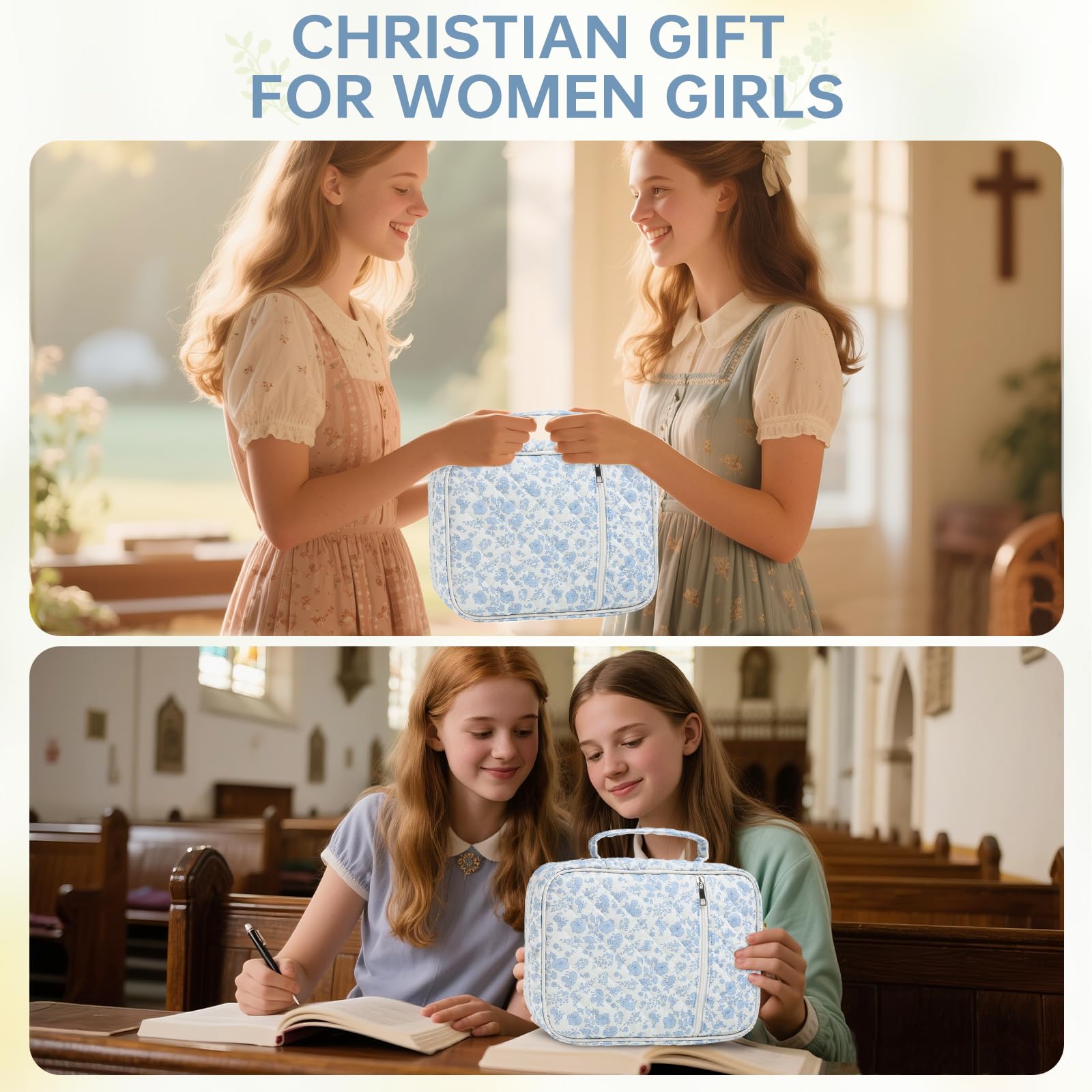 Funda para la Biblia para mujer, funda de bolsa de la Biblia con asa duradera, funda acolchada para transporte de la Biblia para niñas, accesorios de estudio de la Biblia (flor azul)
