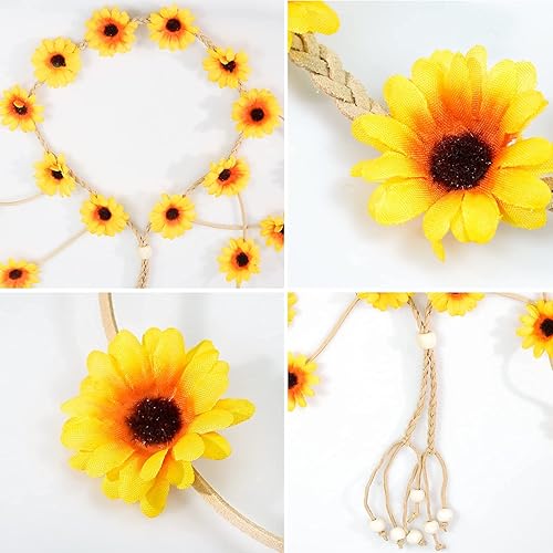 Miniatura 3 de Sucrain 2 diademas hippie de flores, corona floral, accesorios para el cabello de girasol de verano para los años 70, estilo bohemio para mujeres