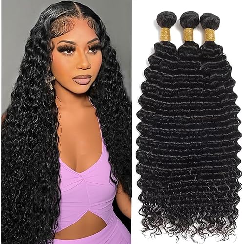 Deep Wave Human Hair Bundles, 20 22 24 Inch, 100% Unprocessed Brazilian Virgin Hair, 3 Bundles, Deep Curly, Black,Sew-In Installation, Wavy Style Keep Texture Silky Soft