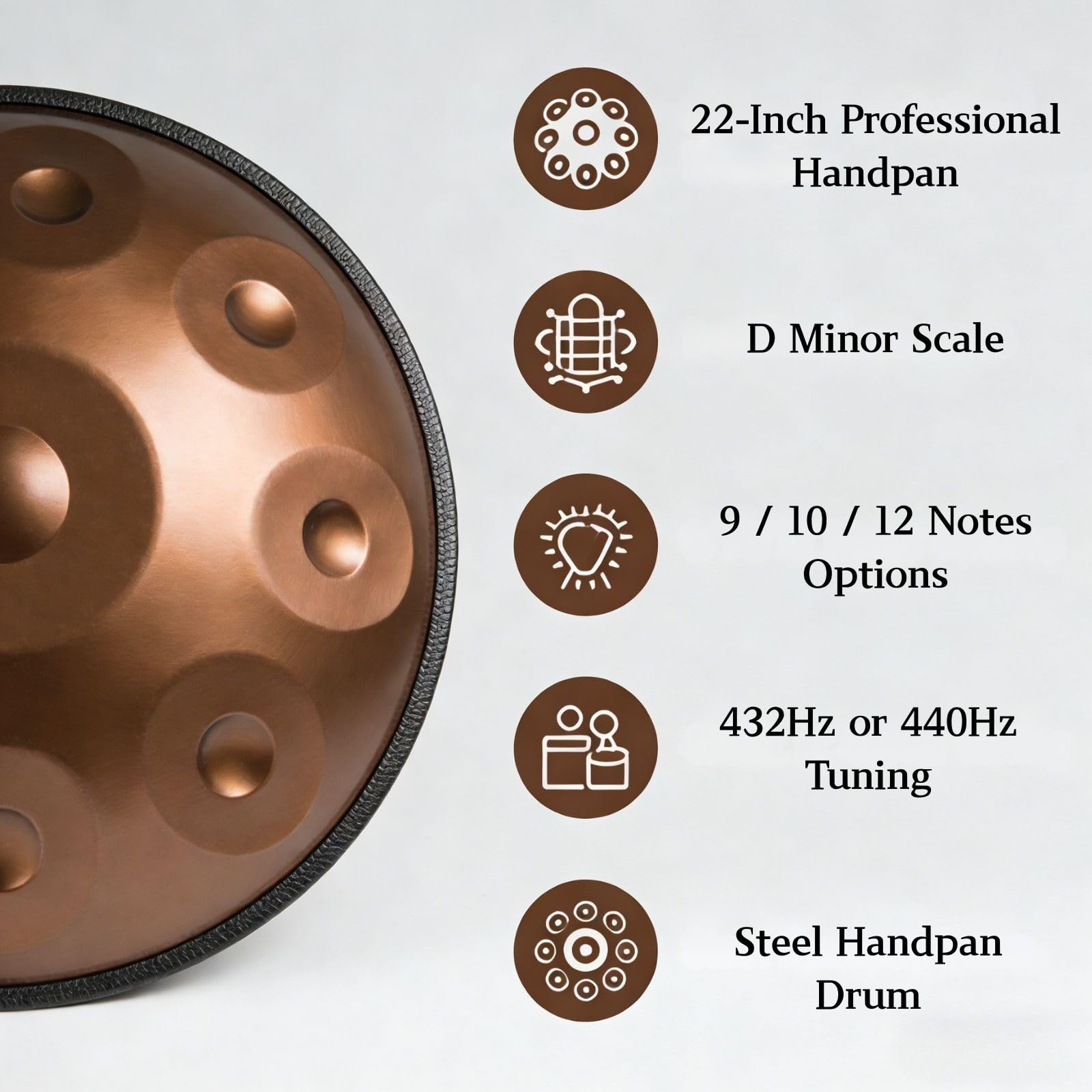 Handpan Drum D Minor per Musica e Meditazione Strumento a Percussione in Acciaio con 9 10 12 Note Accordato 432Hz 440Hz Handpan per Yoga Musicisti Adulti e Relax(Oro,440HZ/12 Note)