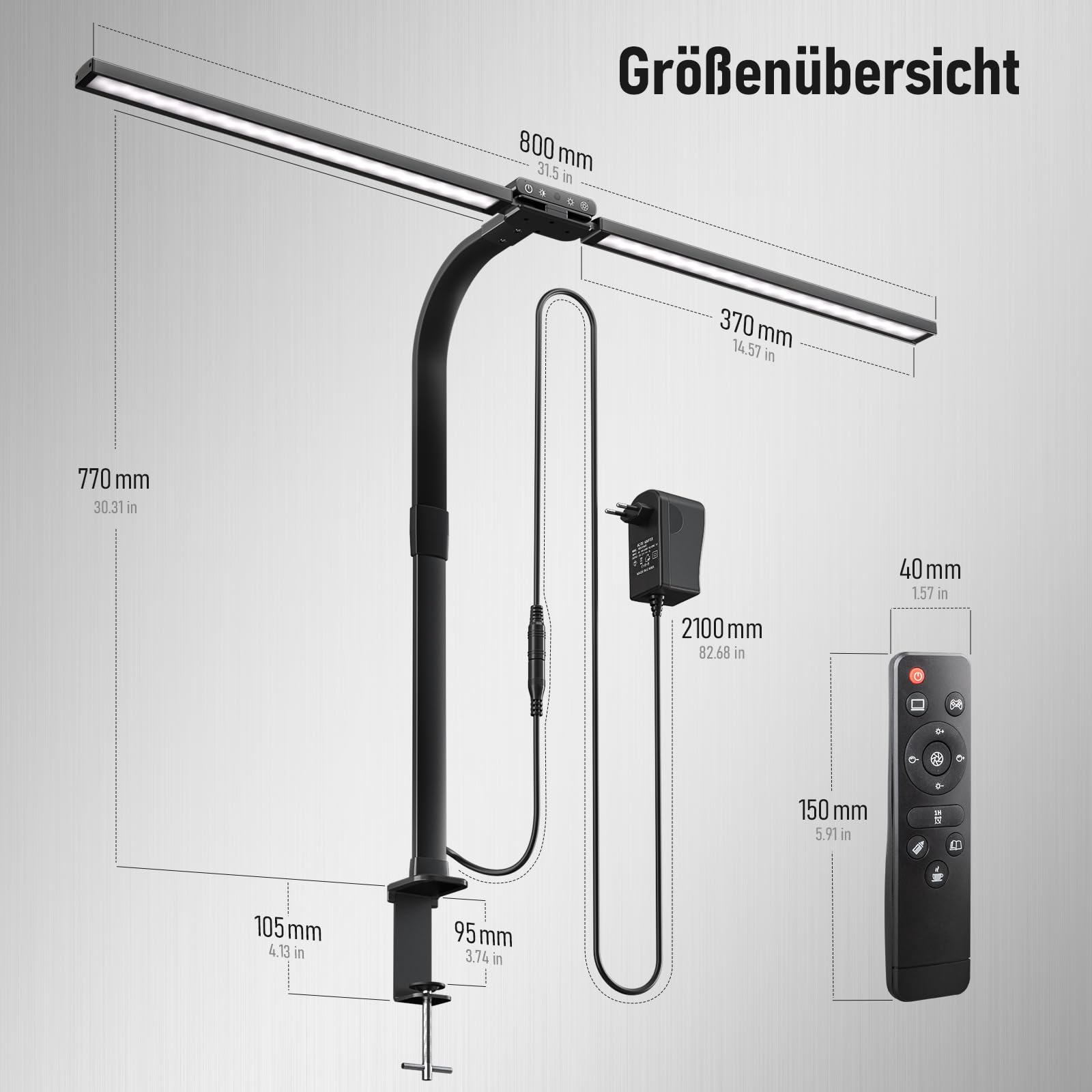 Jeebel LED Schreibtischlampe Dimmbar 24W, 1800LM 80cm Doppelkopf Schreibtisch Lampe mit Fernbedienung, Klemmbar(9,5cm), 10 Farbtemperatur 10 Helligkeitsstufe, Schwanenhals Lampe Tischlampe für Büro