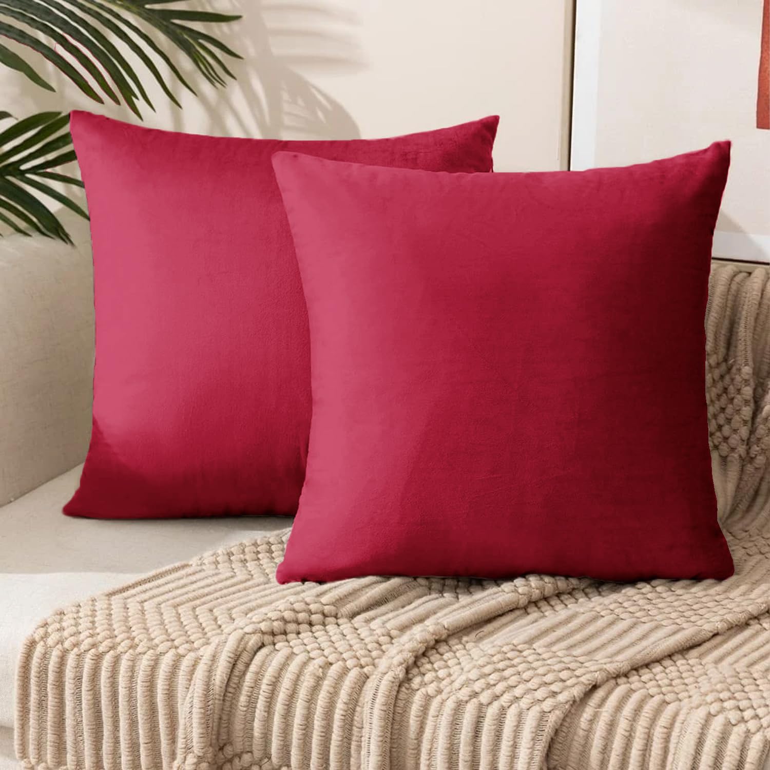 My home store Velvet Red Cushion Covers - Sets of Two 18" x 18" Square Throw Christmas Decorative Pillowcases with Invisible Zipper 45cm x 45 cm