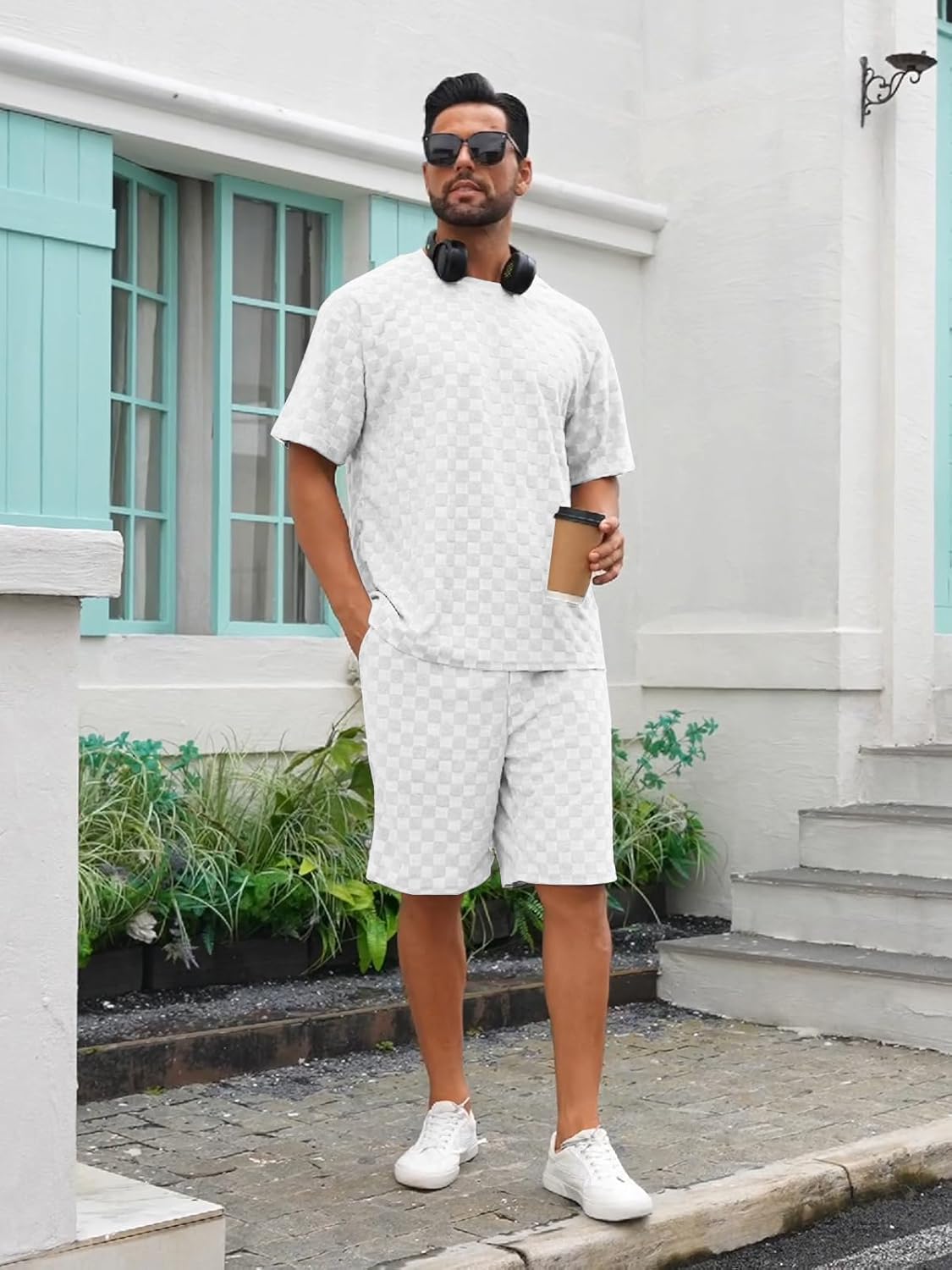 Men's 2 Piece Set Summer Outfits Casual Geometric Texture Short Sleeve Shirt and Shorts Track Suits for Men Set - Image 3