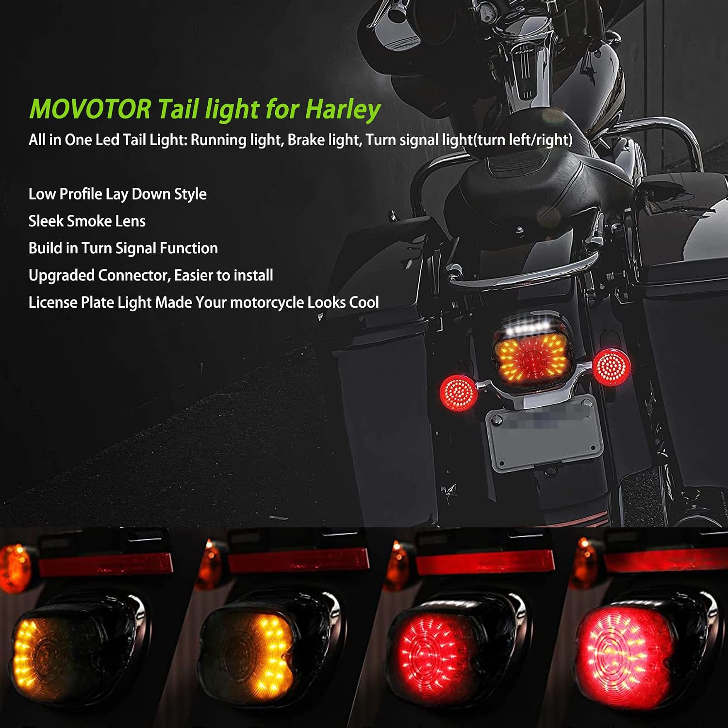 Tail Light LED Brake Turn Signal Rear Light Low Profile Taillights Compatible with Dyna Sportster 883 1200 Road King (Red-Amber)