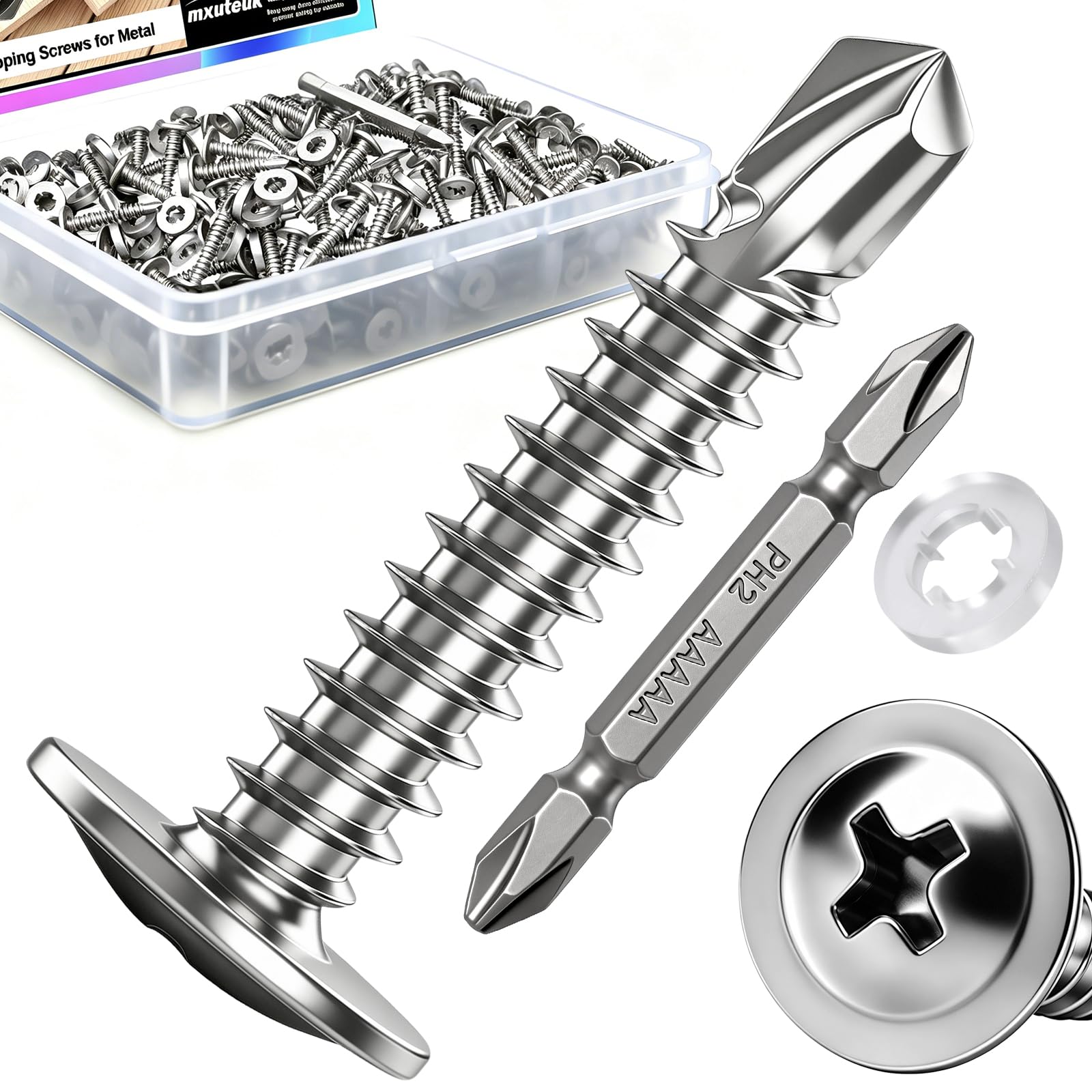 mxuteuk 230PCS #8 Self Tapping Screws for Metal,410 Stainless Steel Self Drilling Screws,1/2",5/8",3/4",1",1-1/4" Truss Head Sheet Metal Screws with Rubber Washers for Metal,Plastic,Wood(115pcs Sets) — Amazon image 12