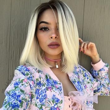 xiweiya Short Blonde White Bob 613# Wig with Dark Root Synthetic Lace Front Wigs Middle Part Wig Soft Wig Hair Replacement Wig for Women, Drag Queen Makeup 14 inch