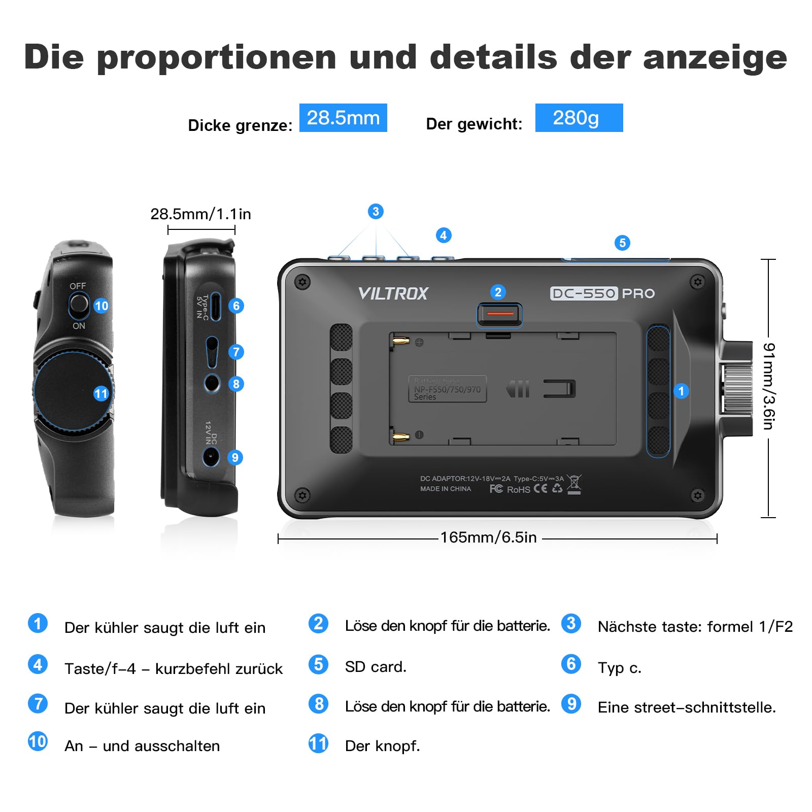VILTROX DC-550 Pro Monitor terenowy aparatu 1200 Nit 5,5 cala 4K HDMI z baterią, Full HD 1920 x 1080 IPS, 14.0 cm 3D LUT z osłoną przeciwsłoneczną, torba do przechowywania Sony Canon Nikon DSLR