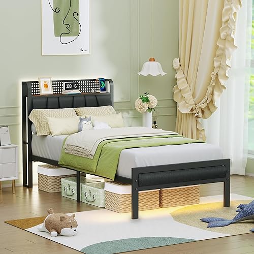Miniatura 5 de Furnulem Base de cama tamaño individual con luz LED y estación de carga, cabecera de almacenamiento tapizada gris con estante, cama de plataforma de