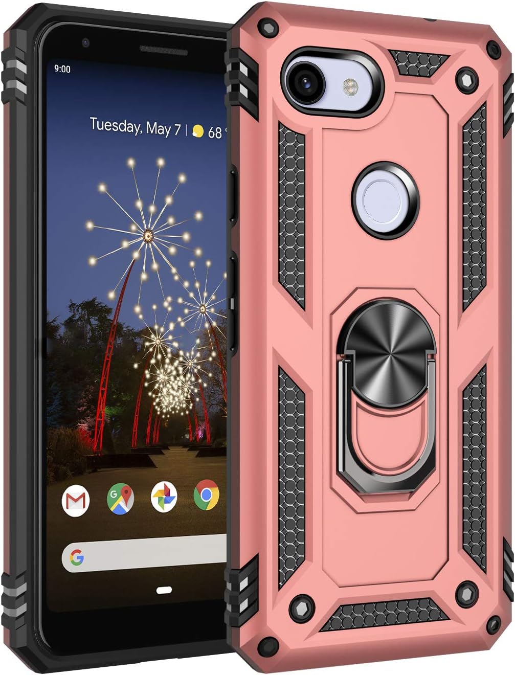 HiCASE Pro Case for Google Pixel 3A, Hybrid Armor Dual Layer Heavy Duty Rugged Shockproof Protective Case Back Cover, Hard Shell + Soft TPU + Ring Stand Fits Magnetic Car Mount Rose Gold