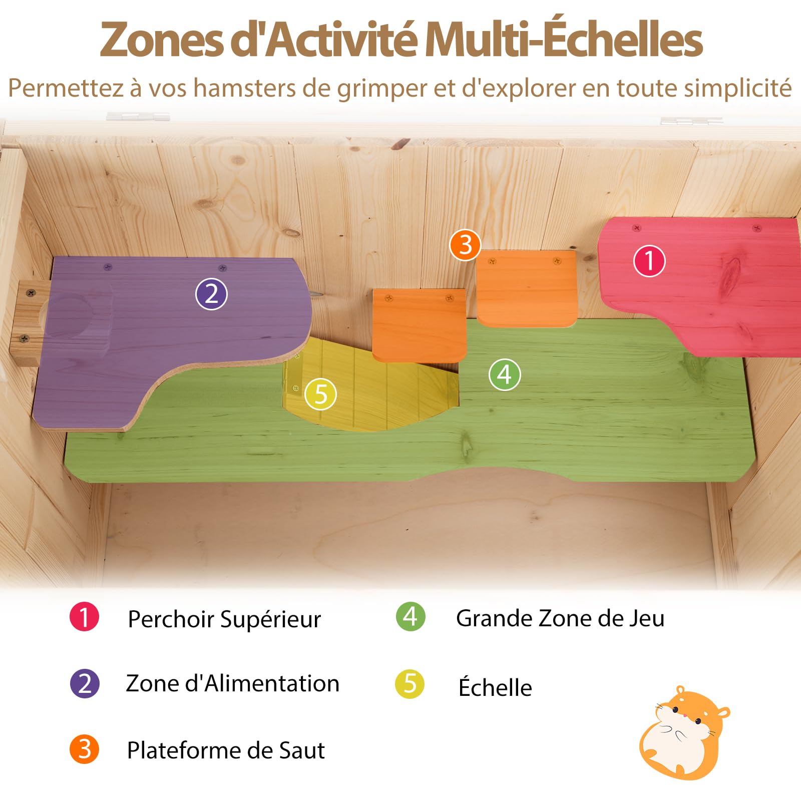 GYMAX Cage pour Hamster en Bois, Panneau en Acrylique Transparent, Échelle et Plateformes d'Activités, Toit Rabattable en Grillage, Maison pour Petits Animaux d'Intérieur, Hérisson, Cochons d'Inde