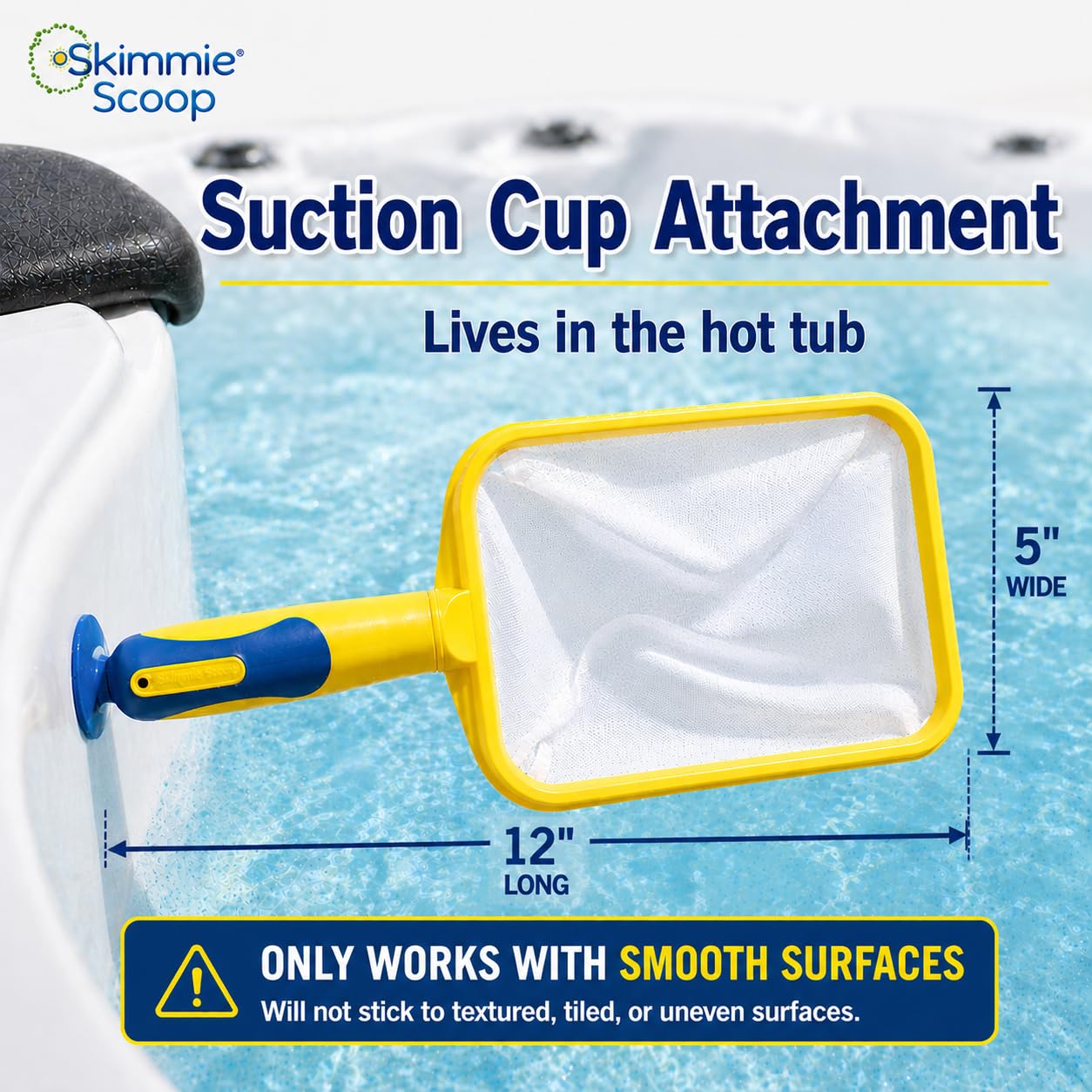 The Skimmie Scoop - Skimmer de mano patentado con red de malla fina para spa, jacuzzi y limpieza de piscinas pequeñas, ligero y duradero con potente ventosa, cabe en el compartimento del filtro