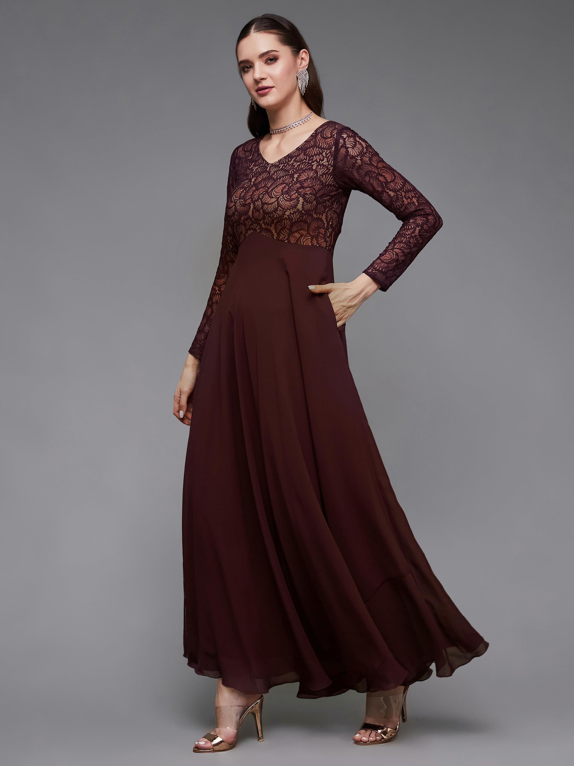 Miss Chase Women's V-Neck Full Sleeve Self Design Lace Overlaid Maxi Dress With Pockets (Plus (Mcaw23D13-85-184-06, Wine, Xl)