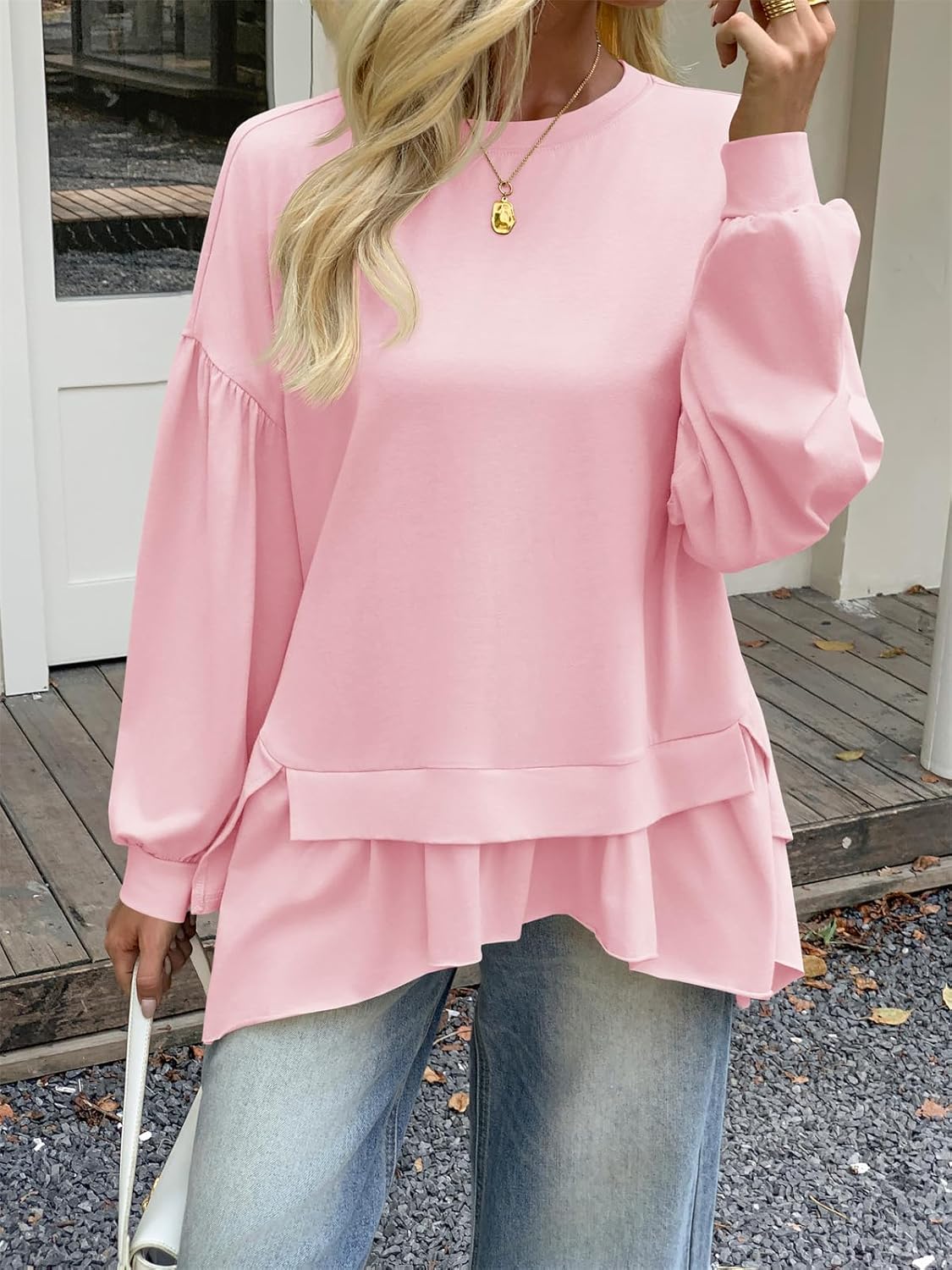 Tankaneo Womens Oversized Tops Peplum Puff Long Sleeve Shirts Trendy Casual Loose Fit Crew Neck Tunic Shirts - Image 5