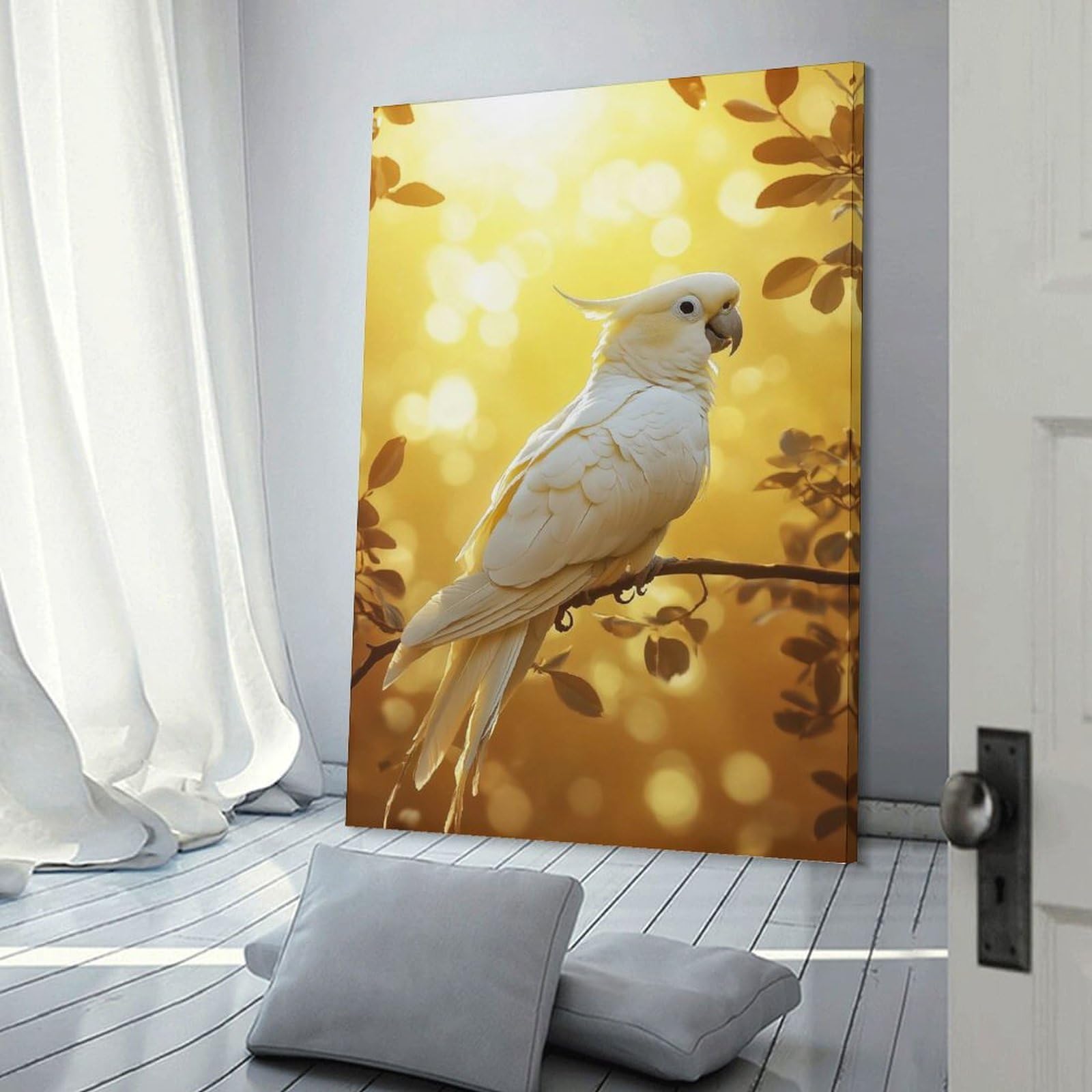 Junmoney Frame-Style-16 Hanging Wall Art White Cockatoo In Golden Light, 24X36inch(60X90cm), For Entryway, Lounge Links Or Small Walls, A Neat Decor Update For Hallways