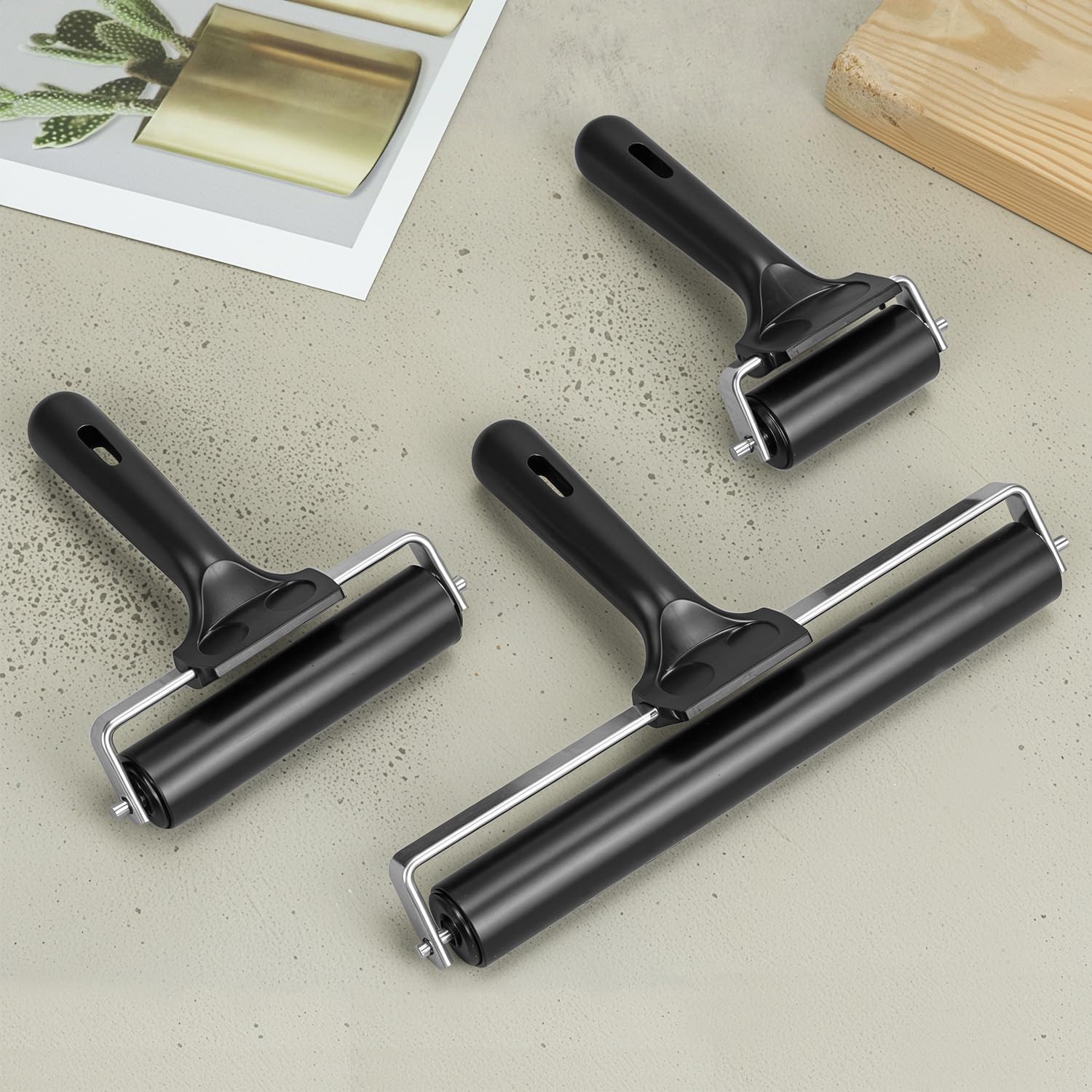 QWORK Printmaking Brayers, 3 Pack Brayer Rollers for Wallpapers Stamping, Vinyl Roller Ink Paint Brush (2.4", 4", 7.9") (Black)