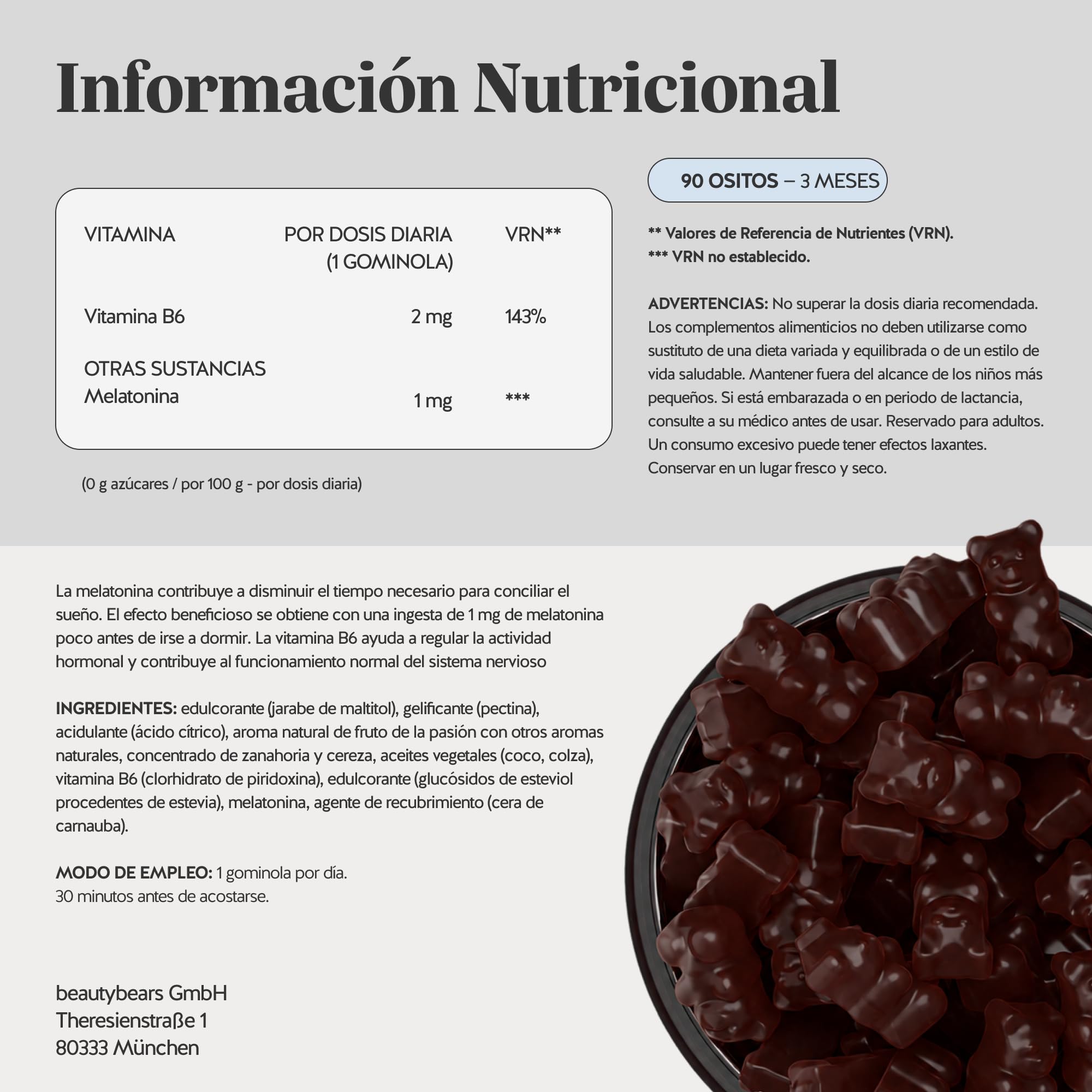 Super Snooze Sleep Vitamin – Sueño - Gummies con 1mg Melatonina – Altamente dosificado con Vitamina B6 – 90 unidades (3 meses) – Sin azúcar, Vegano – Bears with Benefits